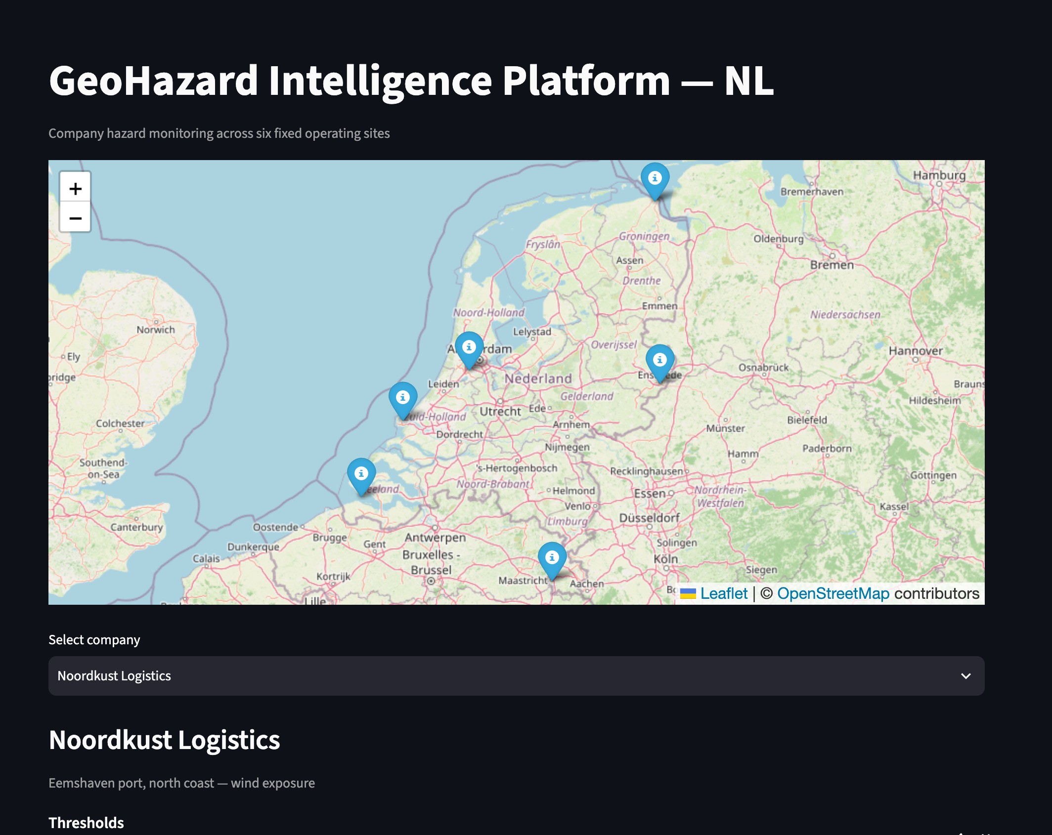 GeoHazard Intelligence Platform dashboard screenshot showing monitored sites on a map of the Netherlands